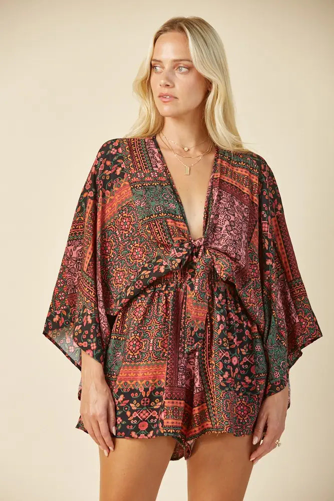 Batwing Sleeved Boho Paisley Print Romper