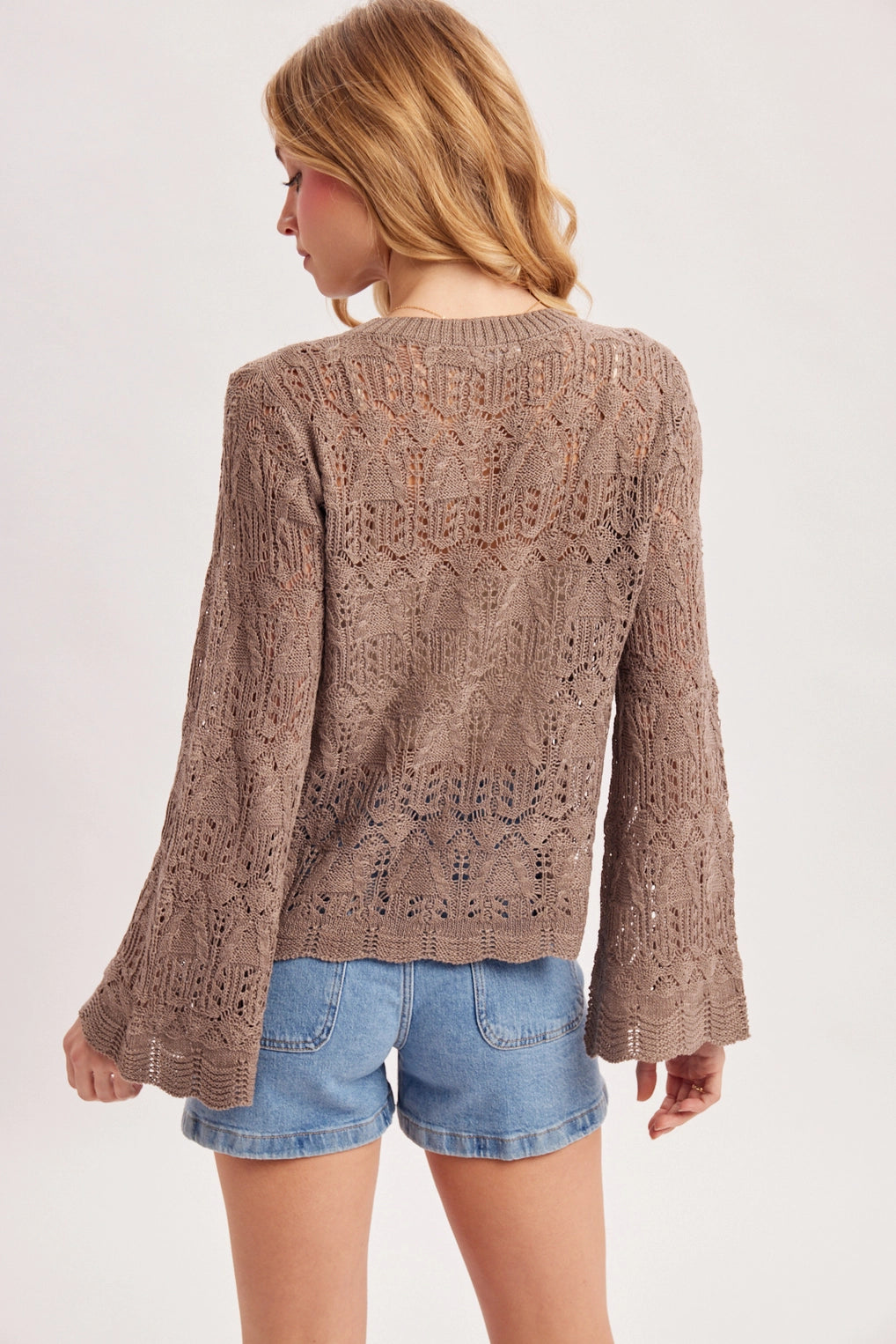 Boho Pointelle Open Knit Top Pullover