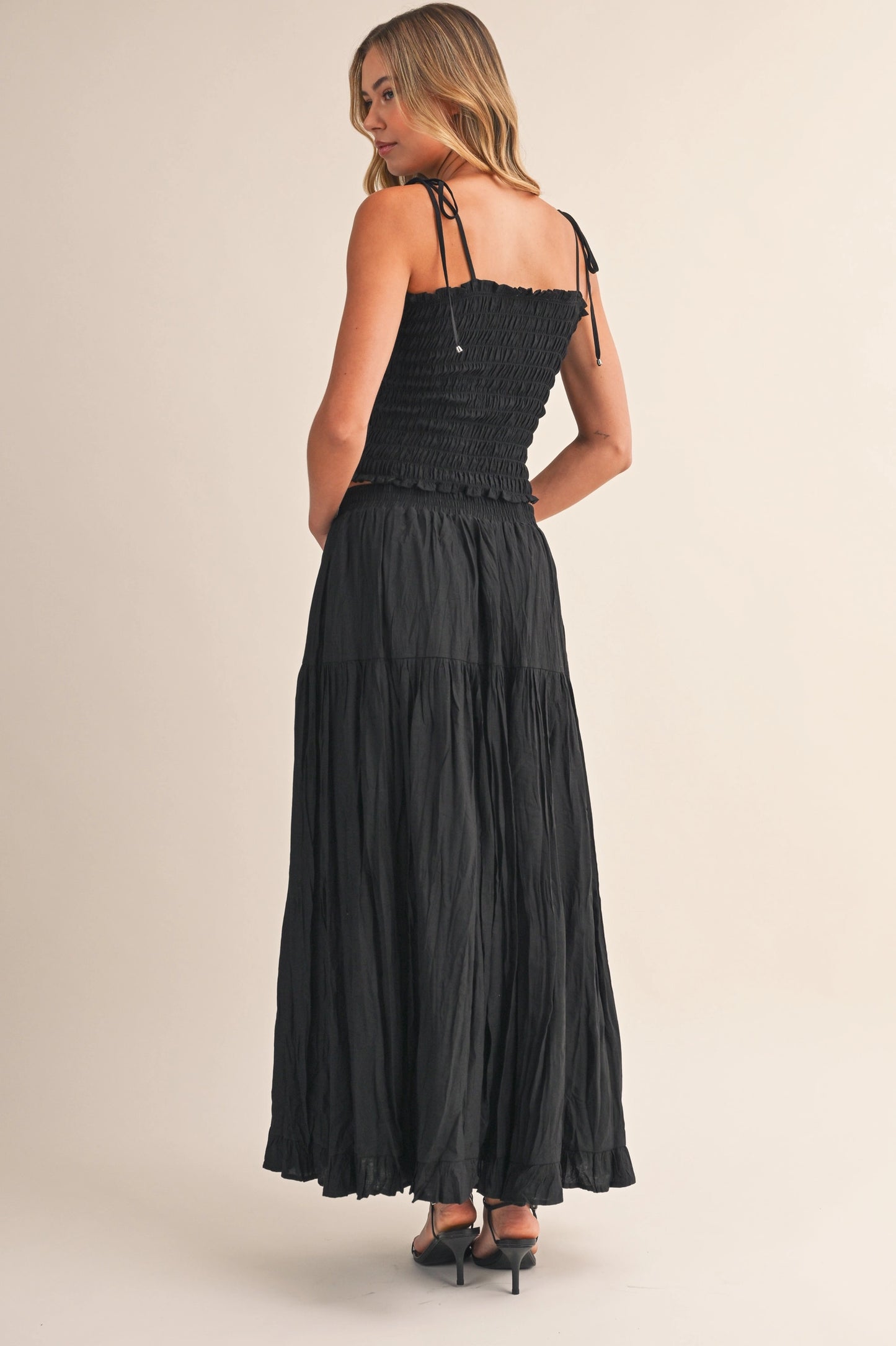 Smocking Top Crinkled Maxi Skirt Set