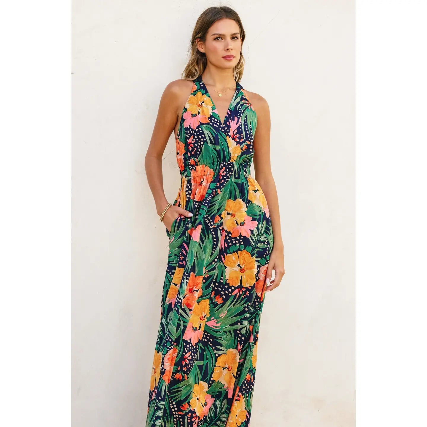 Hibiscus Crossed Back Strap Maxi Dress