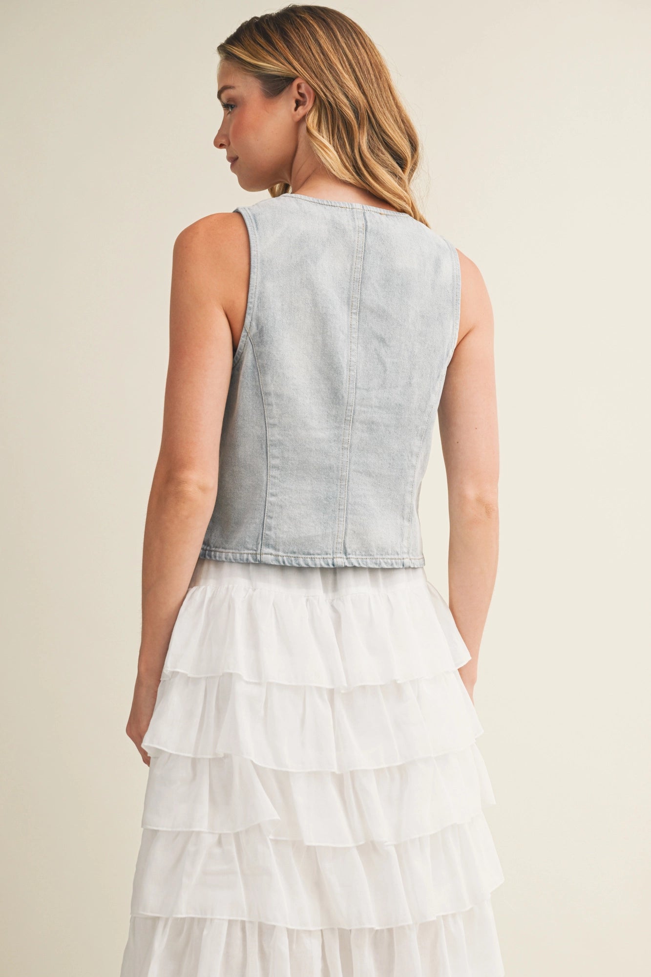Light Wash Denim Vest with Buckle Closure