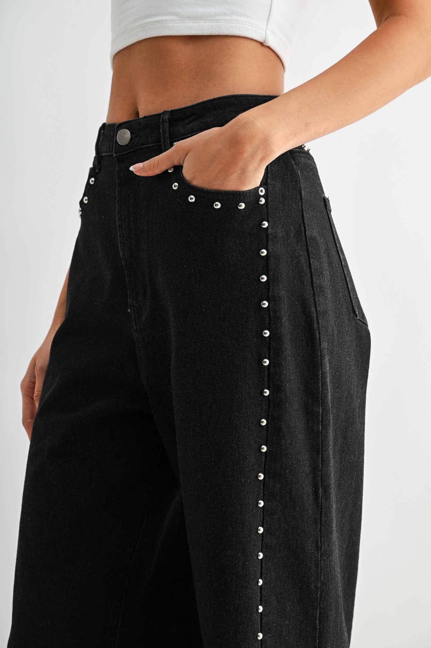 High-Waisted Black Wide-Leg Denim Stud Pants