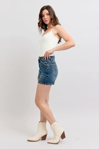 Dark Wash Denim Shield Pocket Shorts