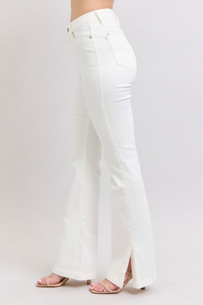 High Waist White Side Slit Slim Bootcut Jeans