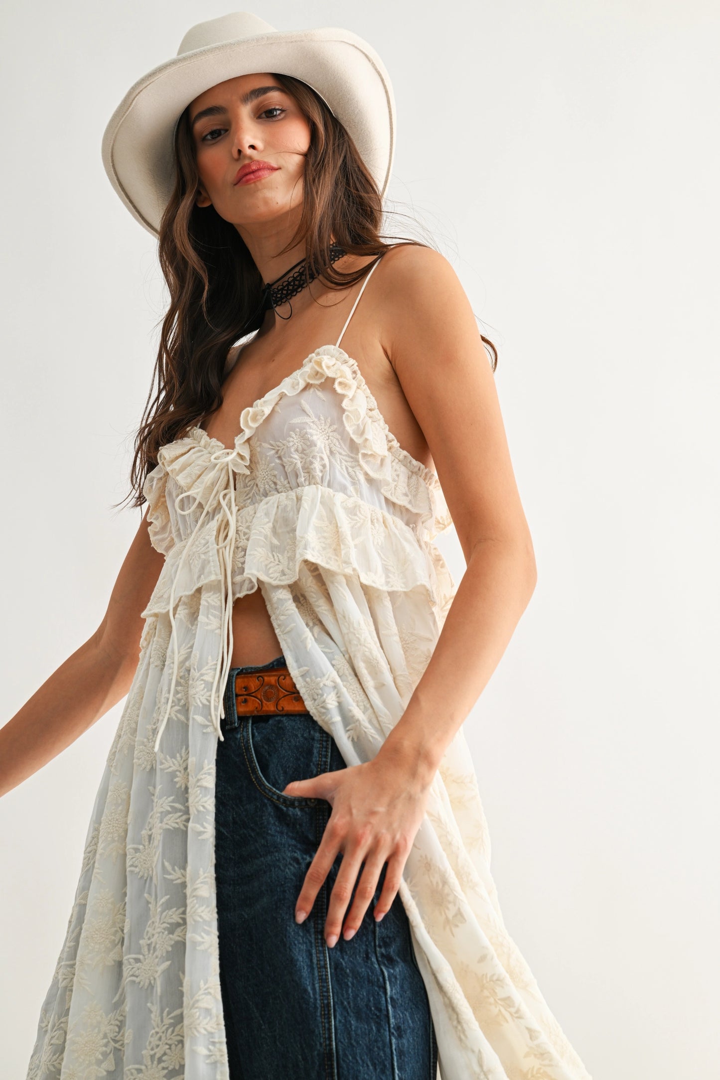 Sheer Floral Lace Ruffle Cover Up Top