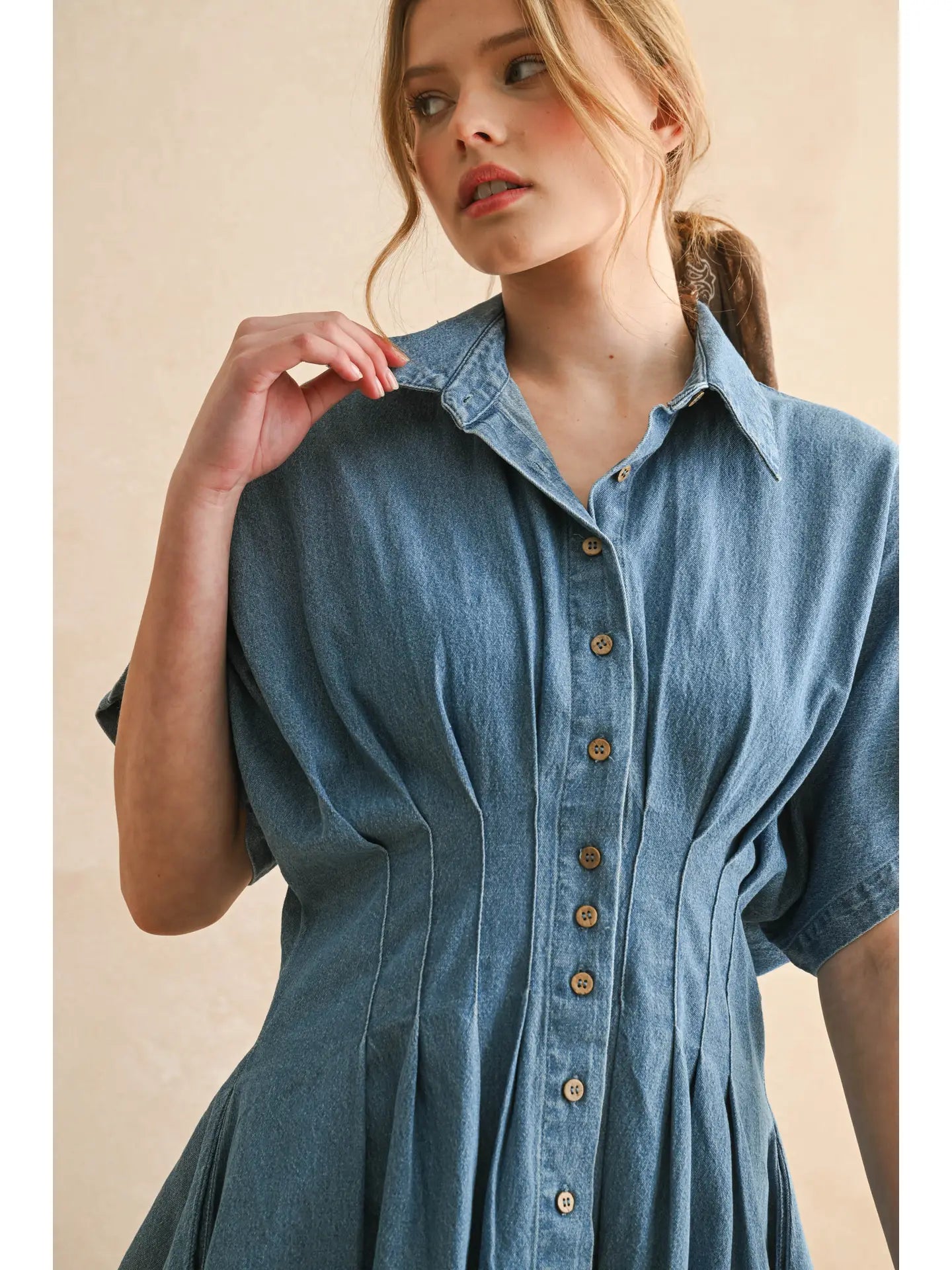 Chambray Denim Button Front w/ Pleat Detail