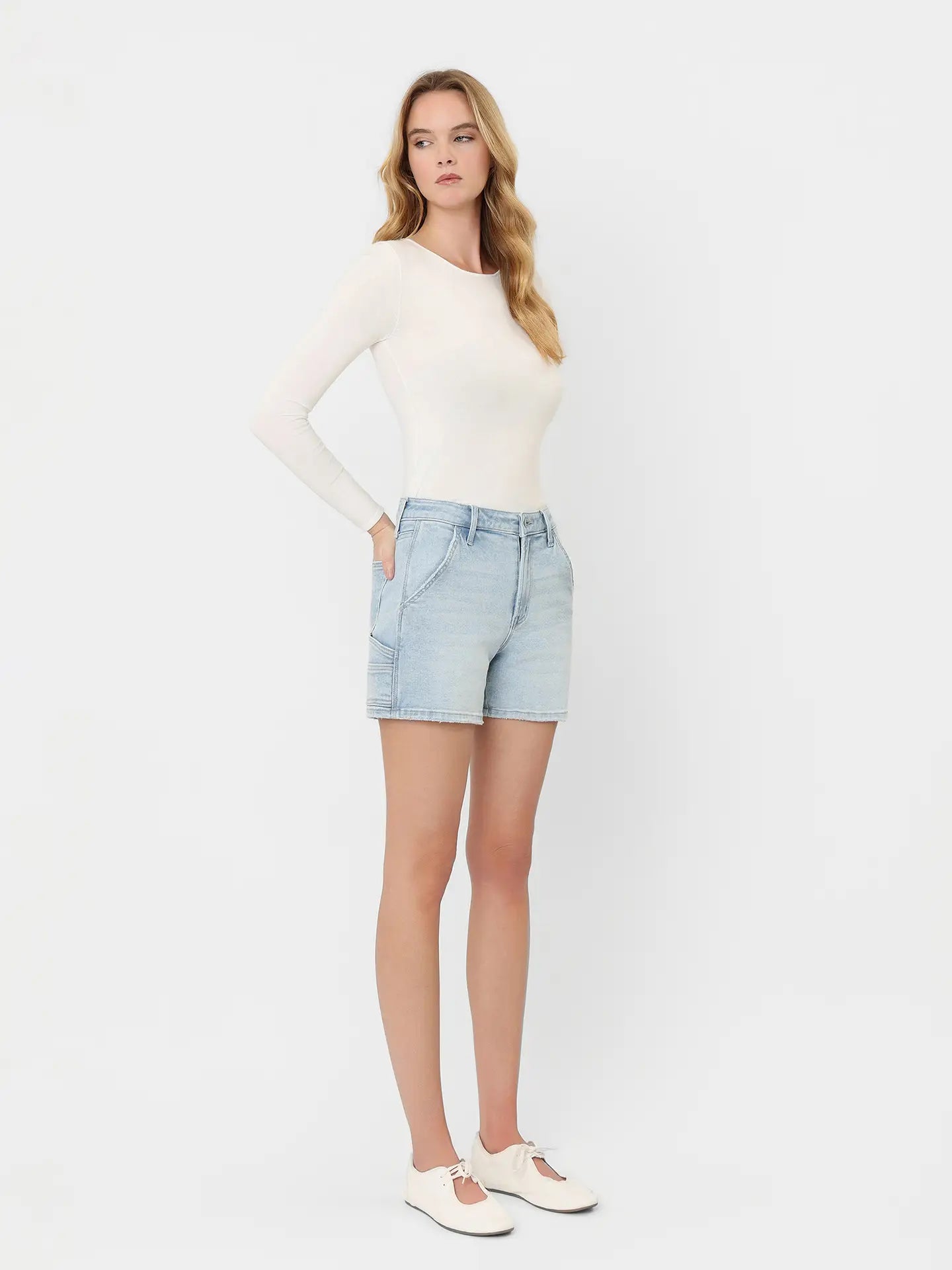 High Rise Light Wash Carpenter Shorts