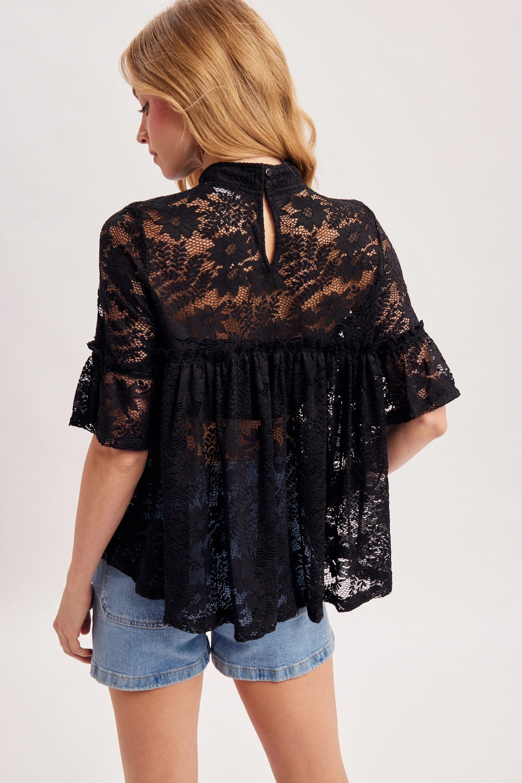 Mock Neck Baby Doll Lace Top with No Lining