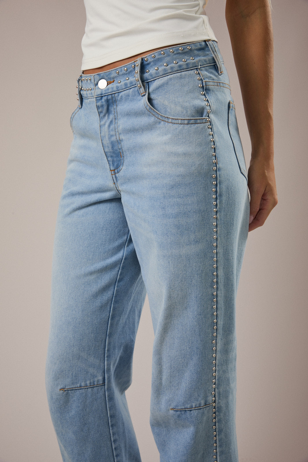 Mid-Rise Denim Pants with Stud Detail