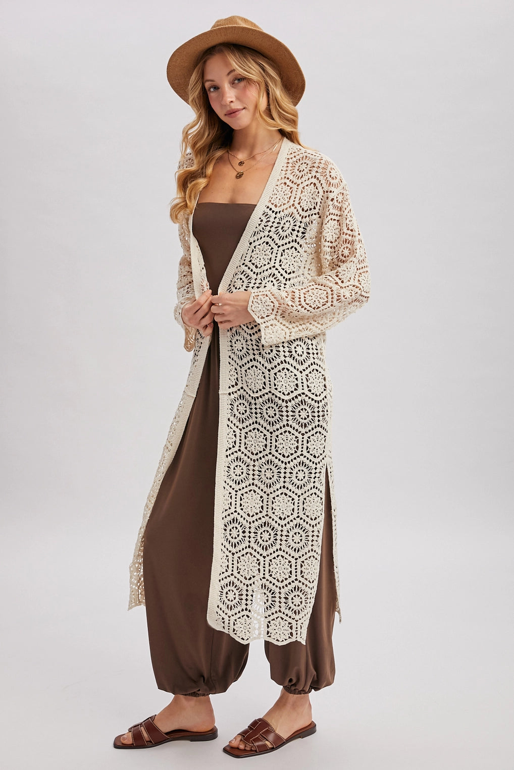 Boho Long Line Side Slit Crochet Cardigan