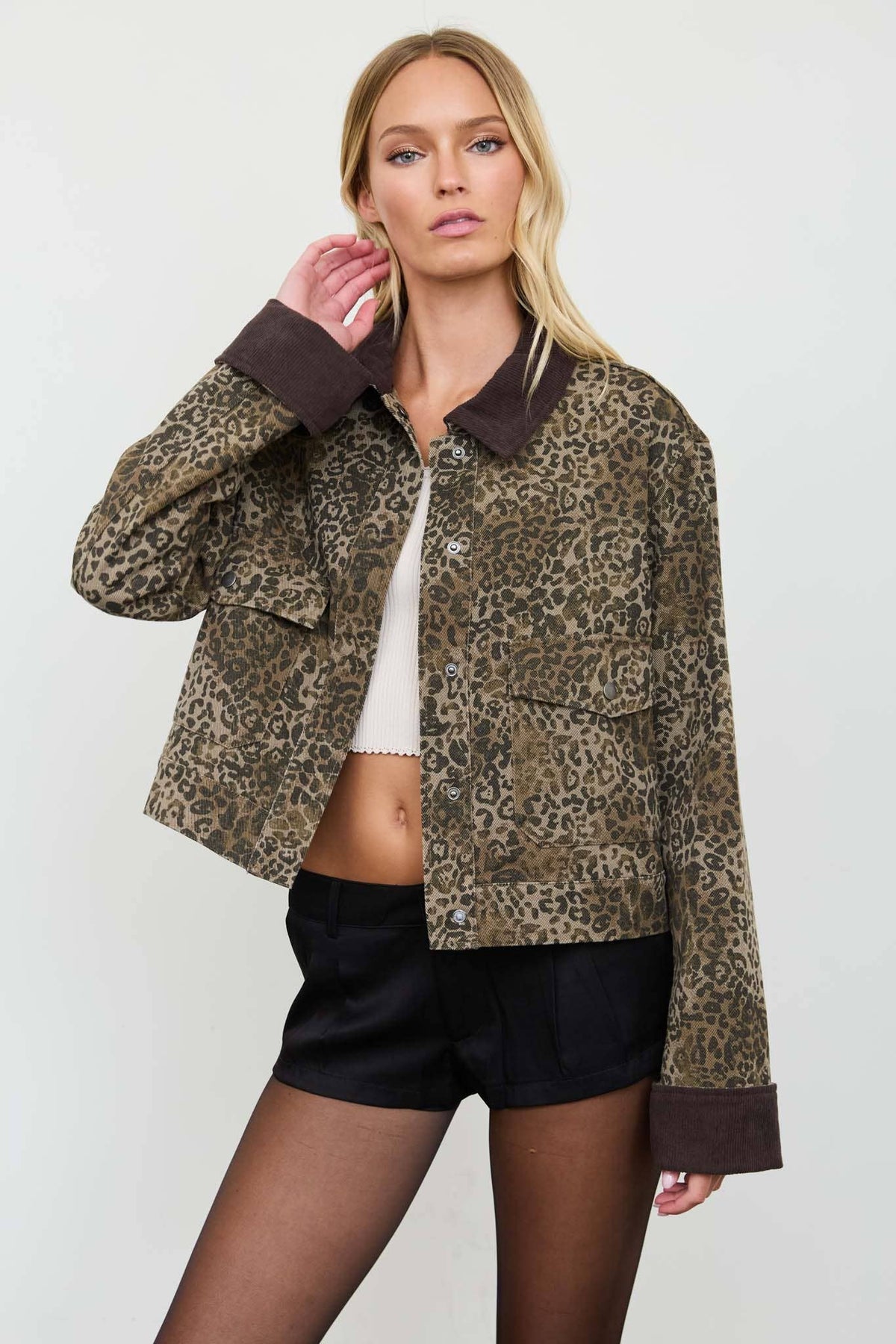 Washed Leopard Jacket with Corduroy Collar