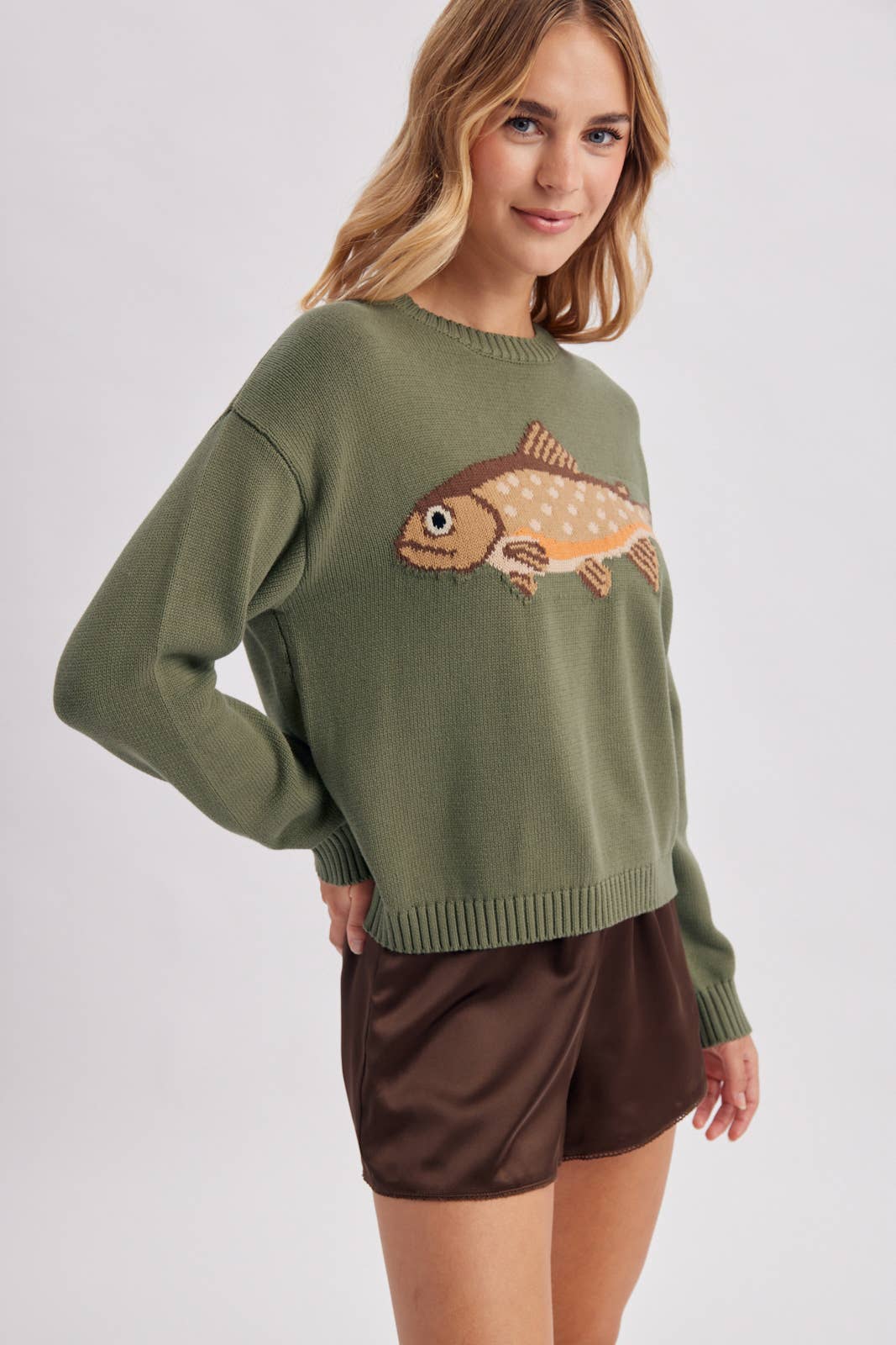 'Fish' Graphic Coastal Crewneck Sweater