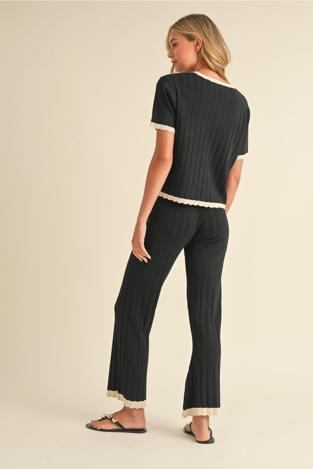 Top and Pants Contrast Border Rib Sweater Set