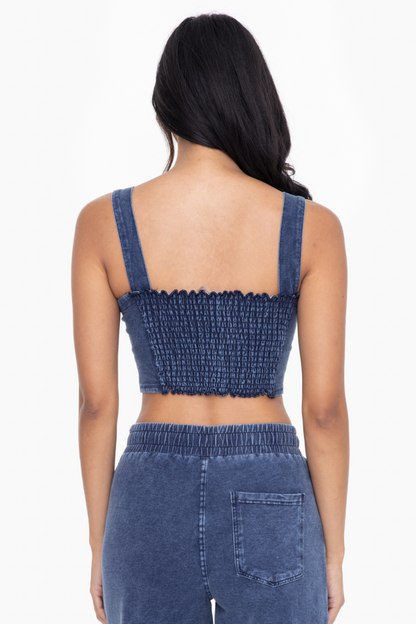 back detail view of cropped denim bra top