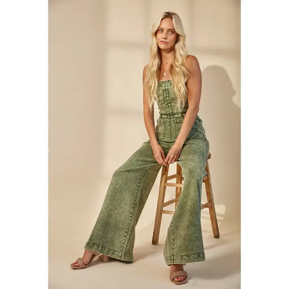 Boho Mineral Wash Wide Leg Denim Jumpsuit