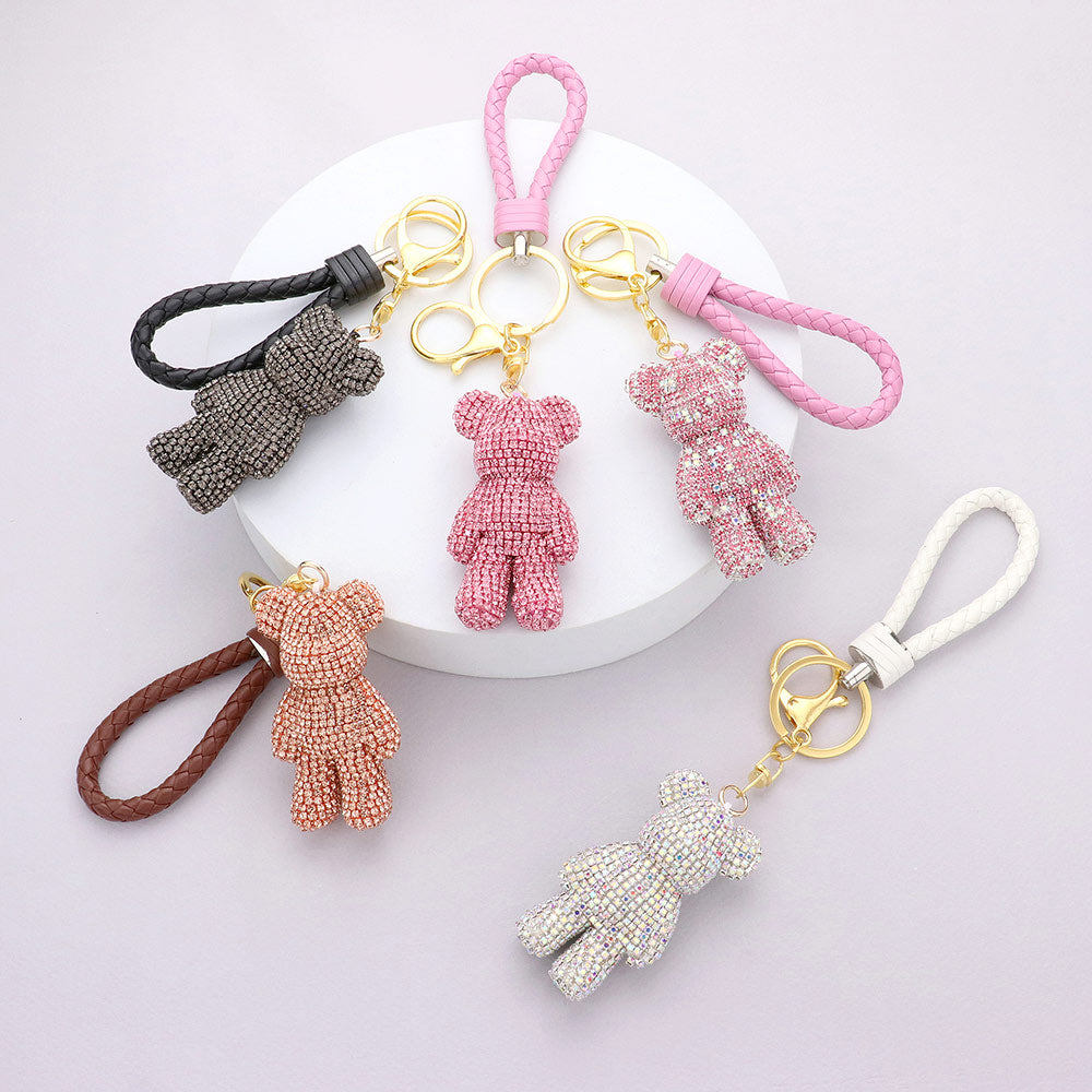 Bling Bear Figure Faux Leather Strap Keychain