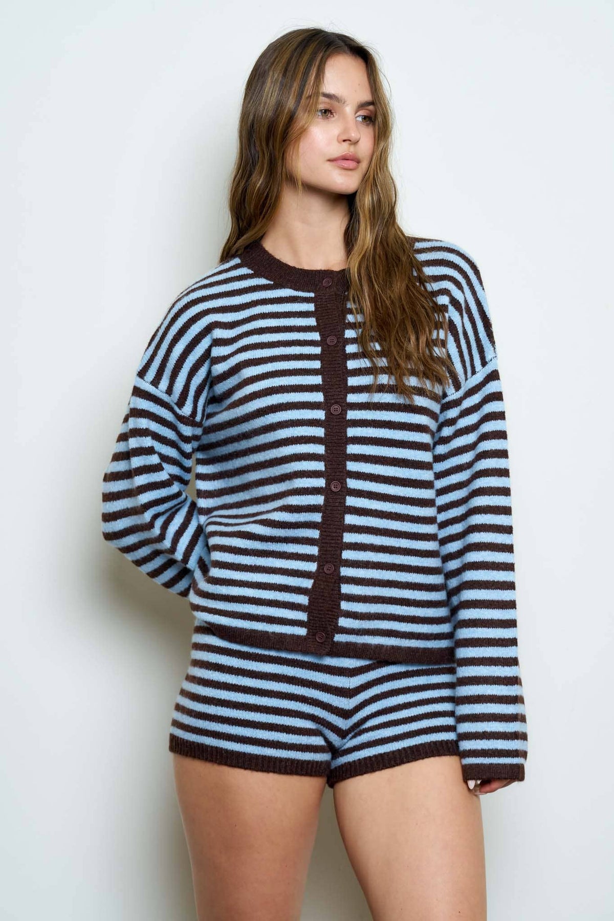 Striped Button Down Long Sleeve Contrast Cardigan