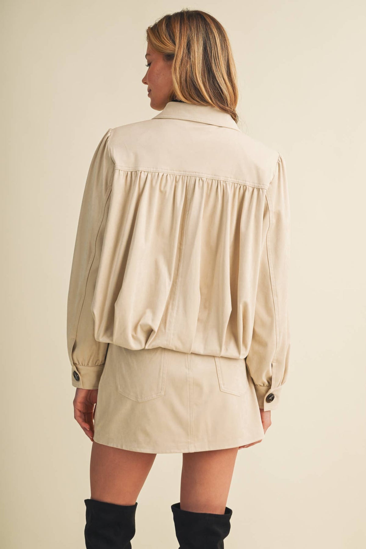 Faux Suede Gathered Yoke Blouson Jacket