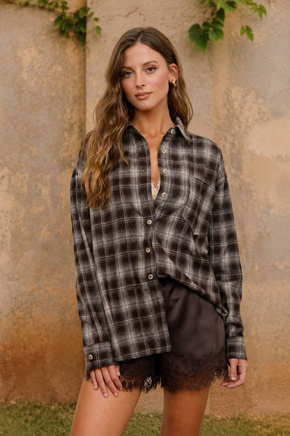 Plaid Collared Long Sleeve Button Down Top