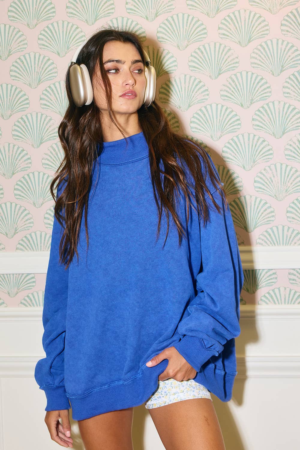Vintage Wash Print Mock Neck Oversized Sweatshirt