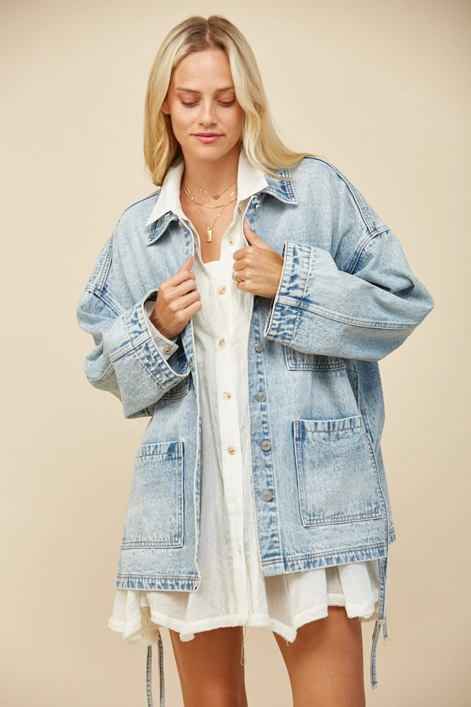 Boho Side Tie Detail Oversized Denim Jacket