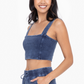 close up side view of denim cropped bra top
