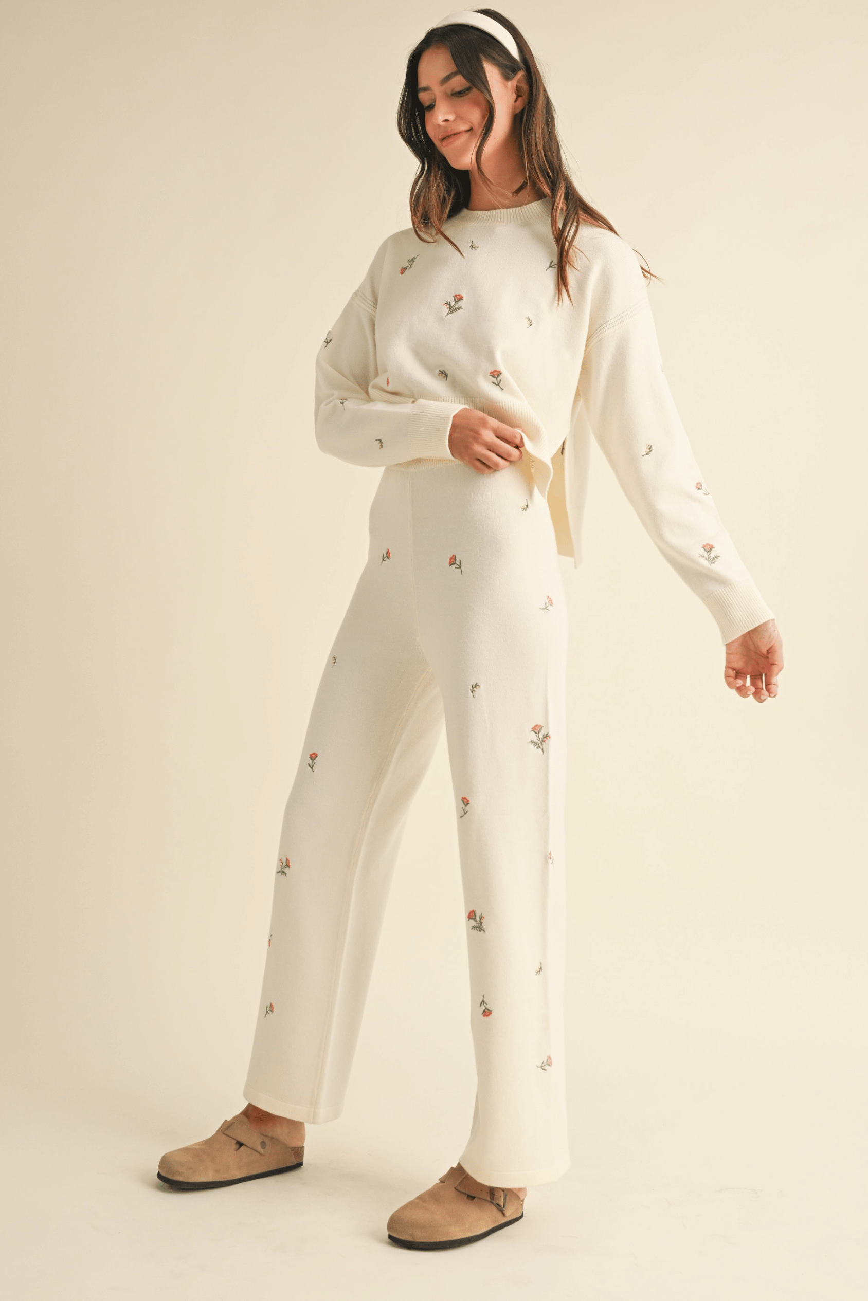 Embroidered Floral Knit Sweater and Pants Set