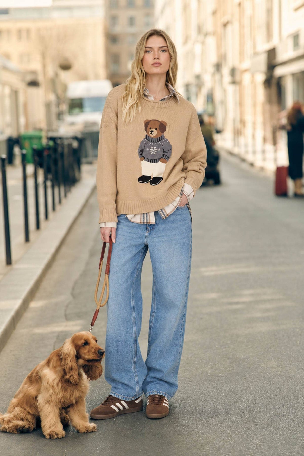 Teddy Bear Crew Neck Intarsia Knit Sweater