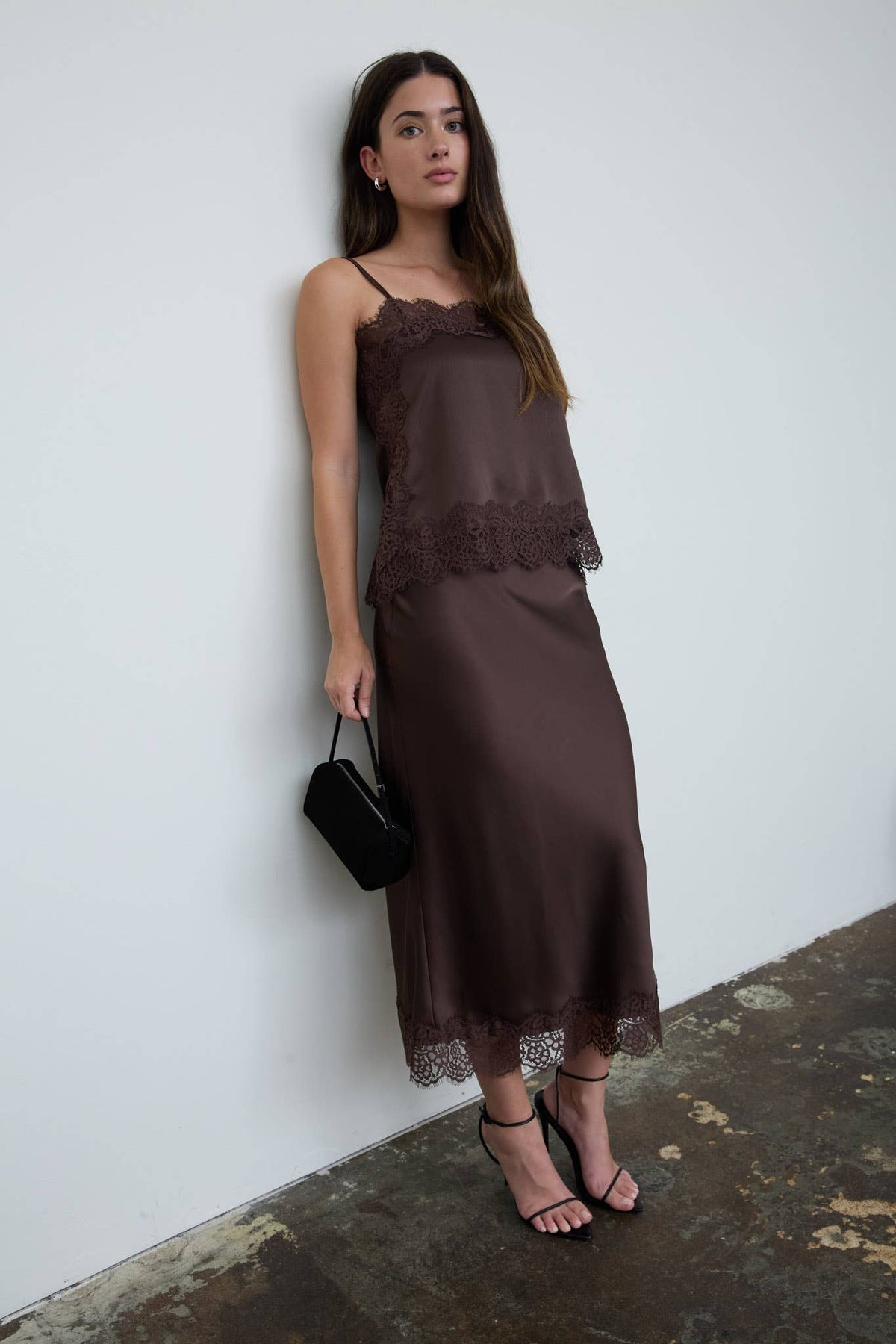 Satin Lace Hem Back Slit Pencil Midi Skirt