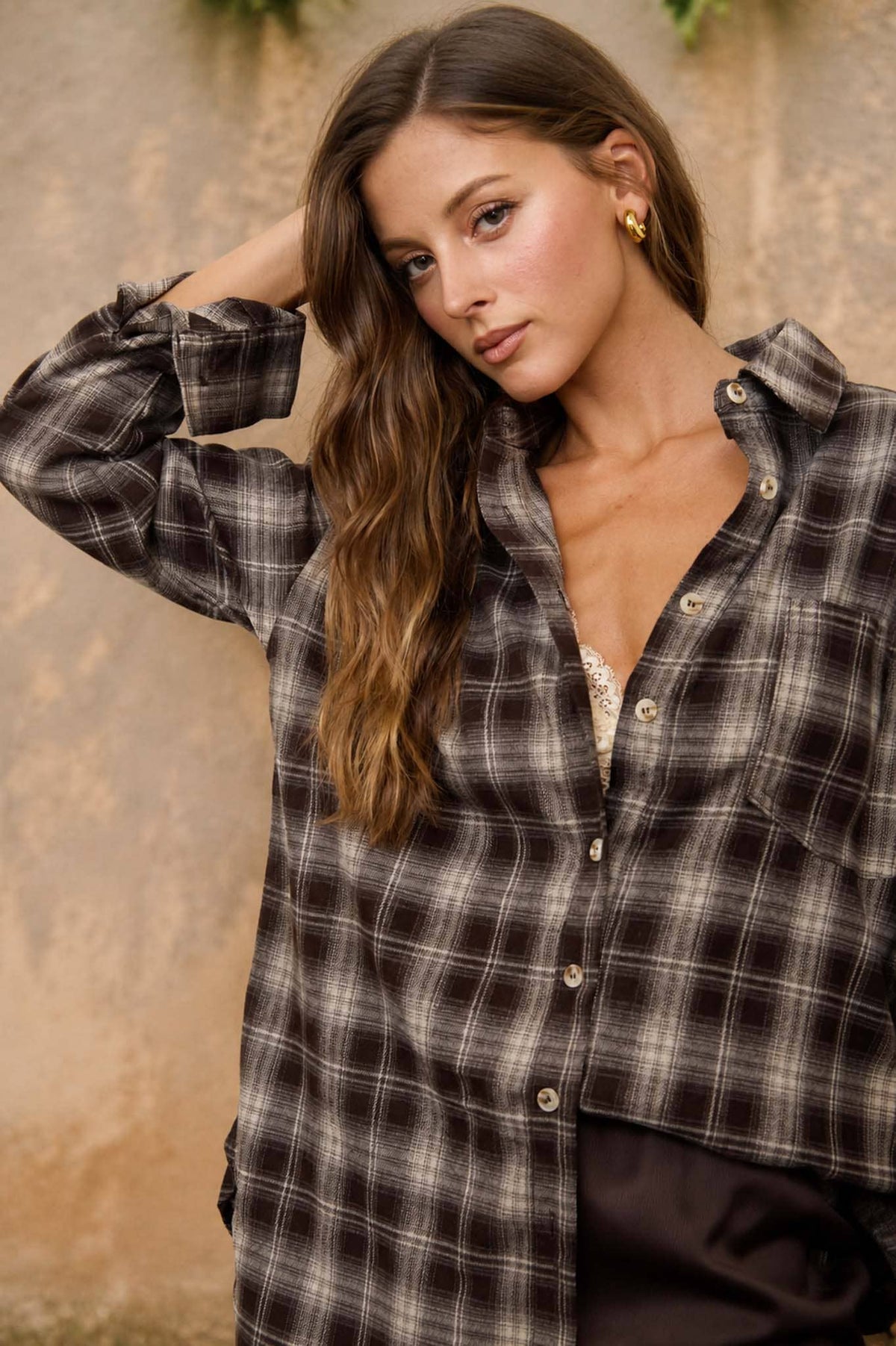 Plaid Collared Long Sleeve Button Down Top
