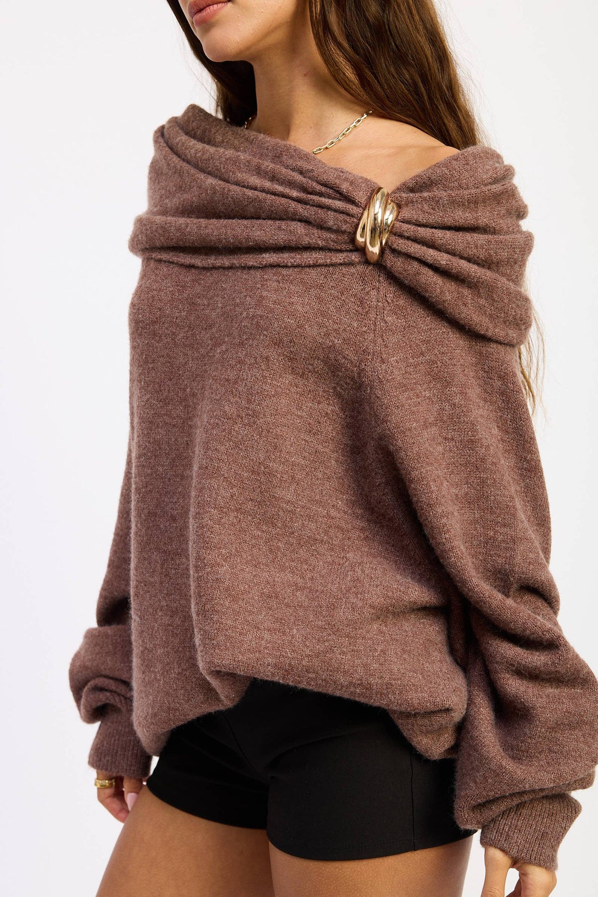 Off the Shoulder Bubble Sweater with Hardware Detail