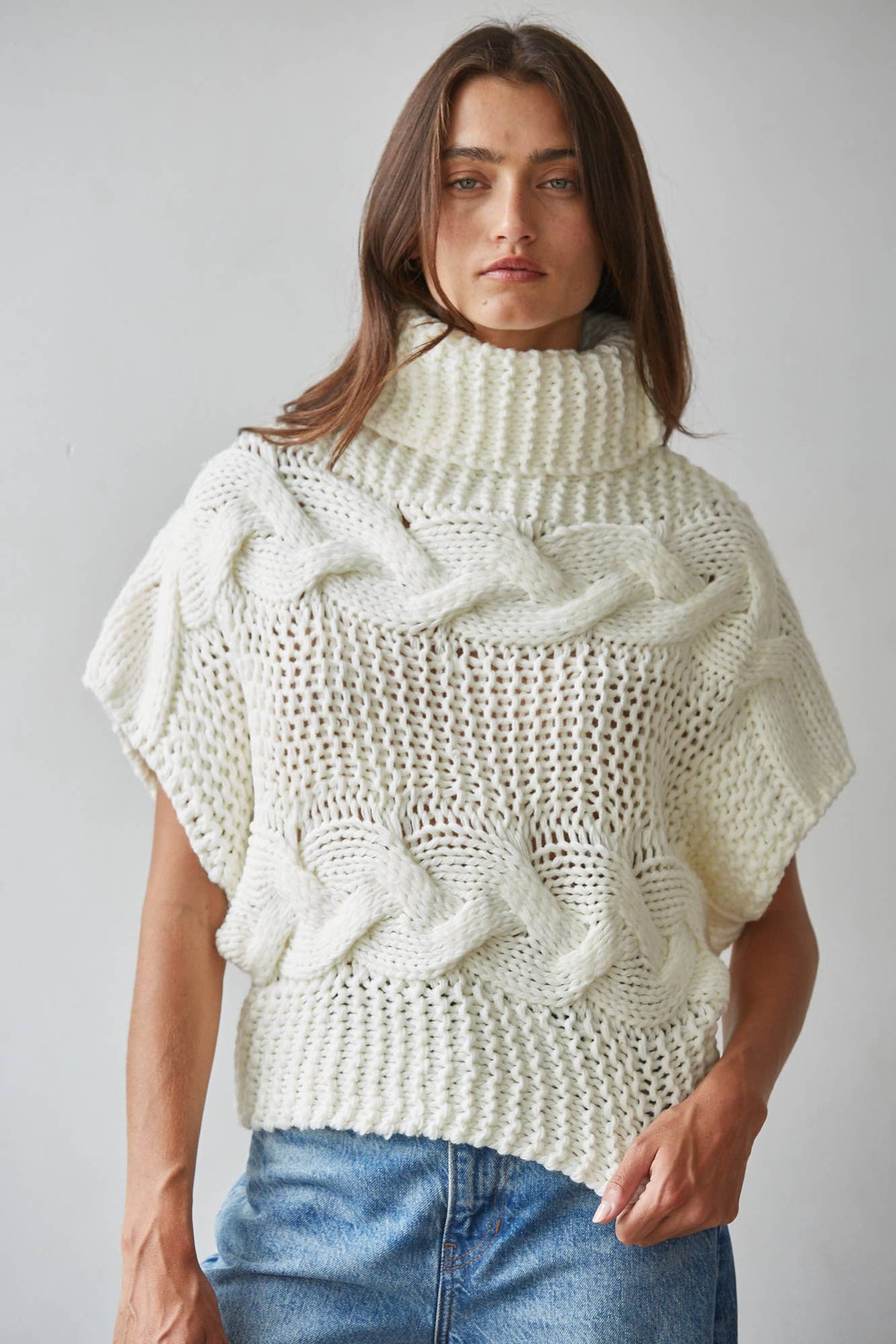 Cable Knit Turtle Neck Sleeveless Sweater Top
