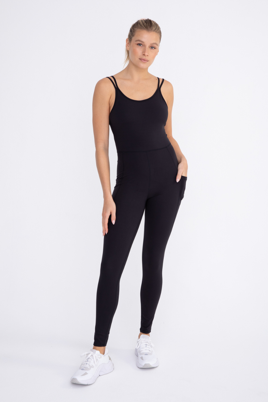 full length front view of Camilla sleeveless catsuit in black 