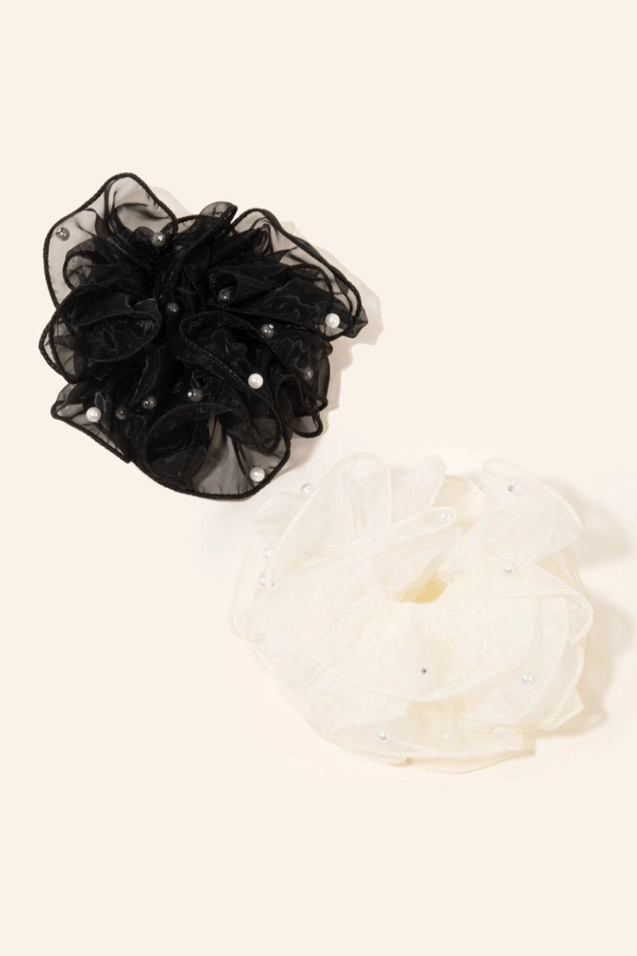 Two Piece Sheer Pearl Studded Scrunchie Set