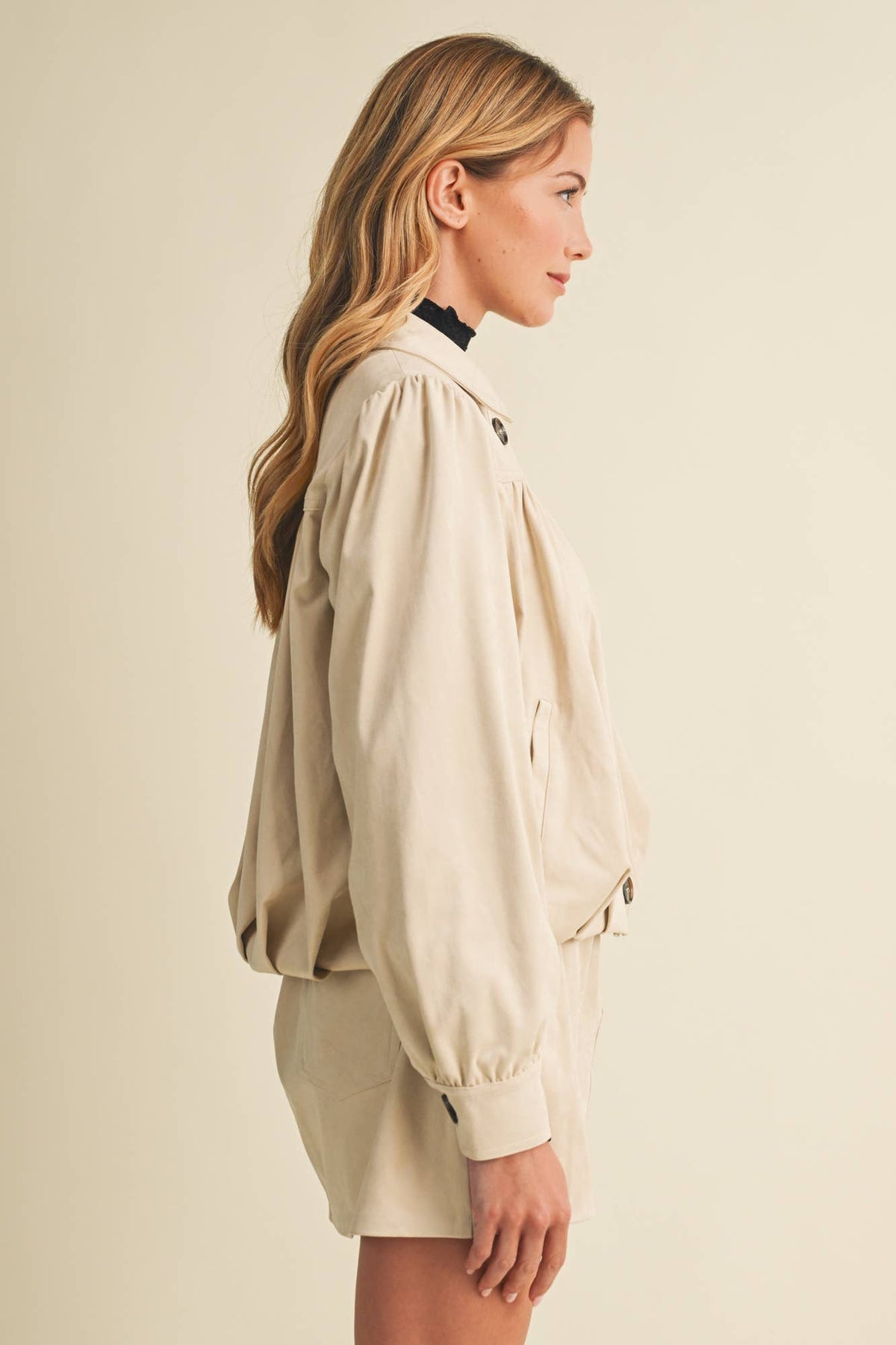 Faux Suede Gathered Yoke Blouson Jacket