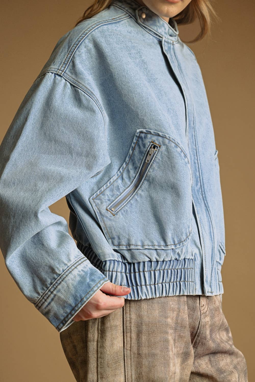 Washed Denim Bomber Style Jacket