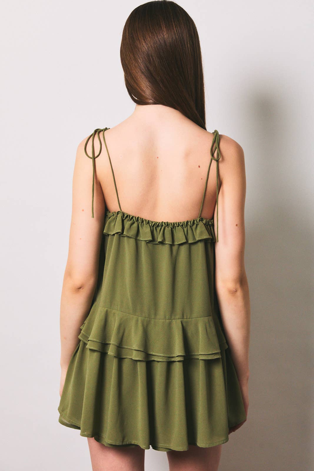 Ruffle Detail Shoulder Tie Flare Romper