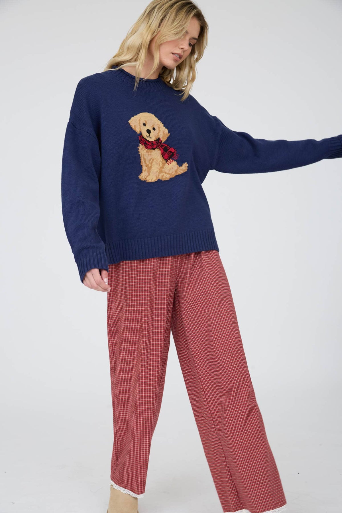 Intarisia Puppy Crew Neck Relaxed Sweater