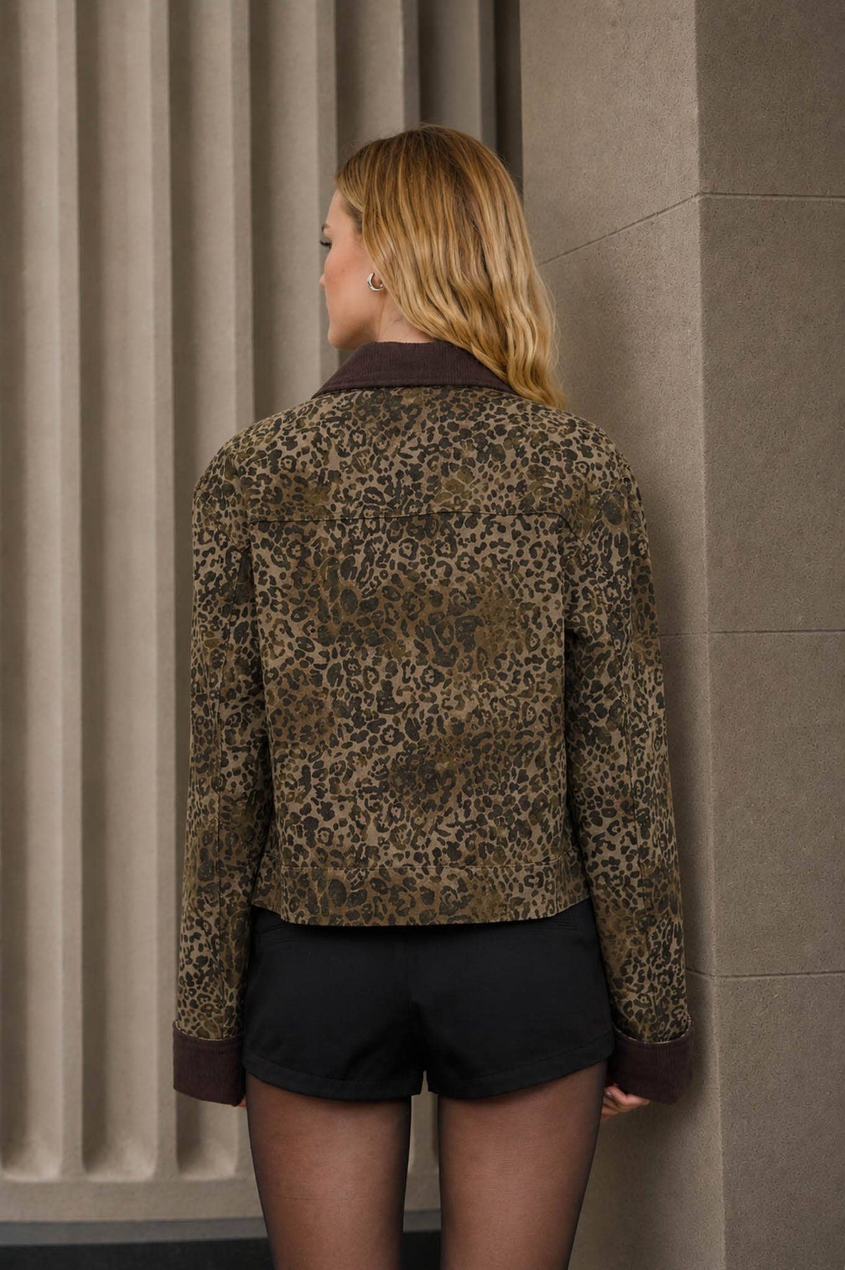 Washed Leopard Jacket with Corduroy Collar