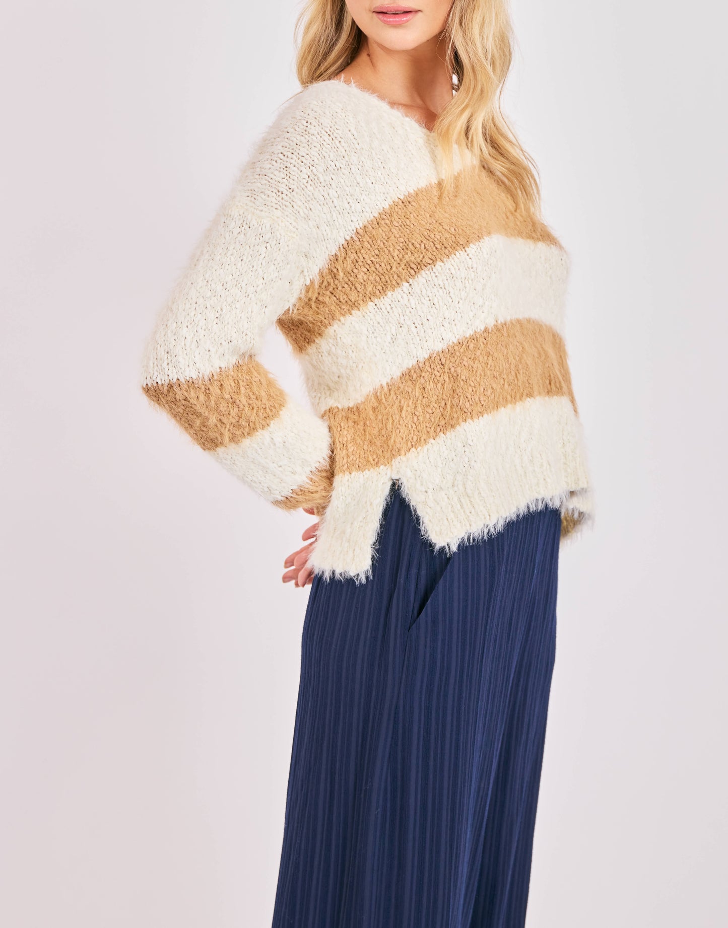 Fuzzy V Neck Stripe Sweater