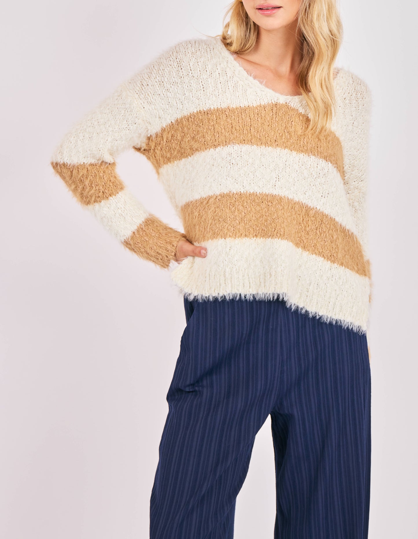 Fuzzy V Neck Stripe Sweater