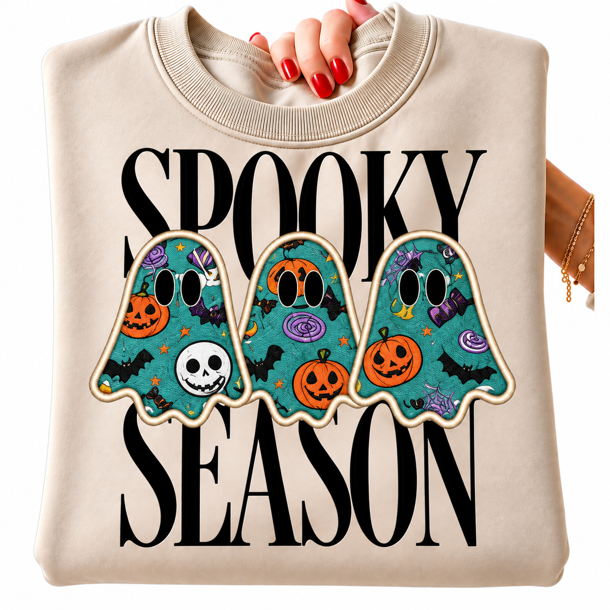 Spooky Season Ghost Appliqué Sweatshirt | Custom Fabric Halloween Crewneck