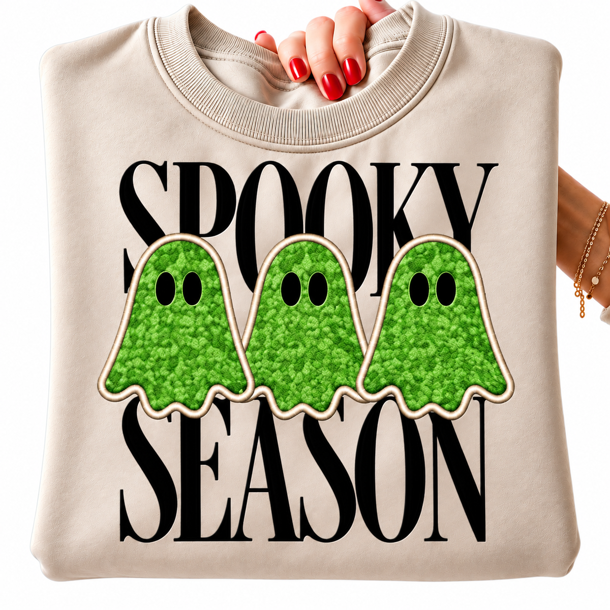 Spooky Season Ghost Appliqué Sweatshirt | Custom Fabric Halloween Crewneck