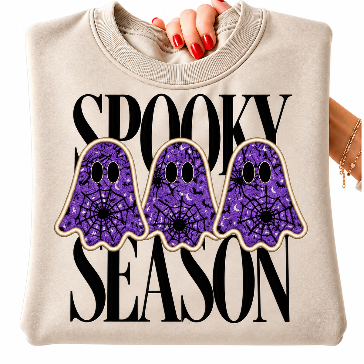 Spooky Season Ghost Appliqué Sweatshirt | Custom Fabric Halloween Crewneck