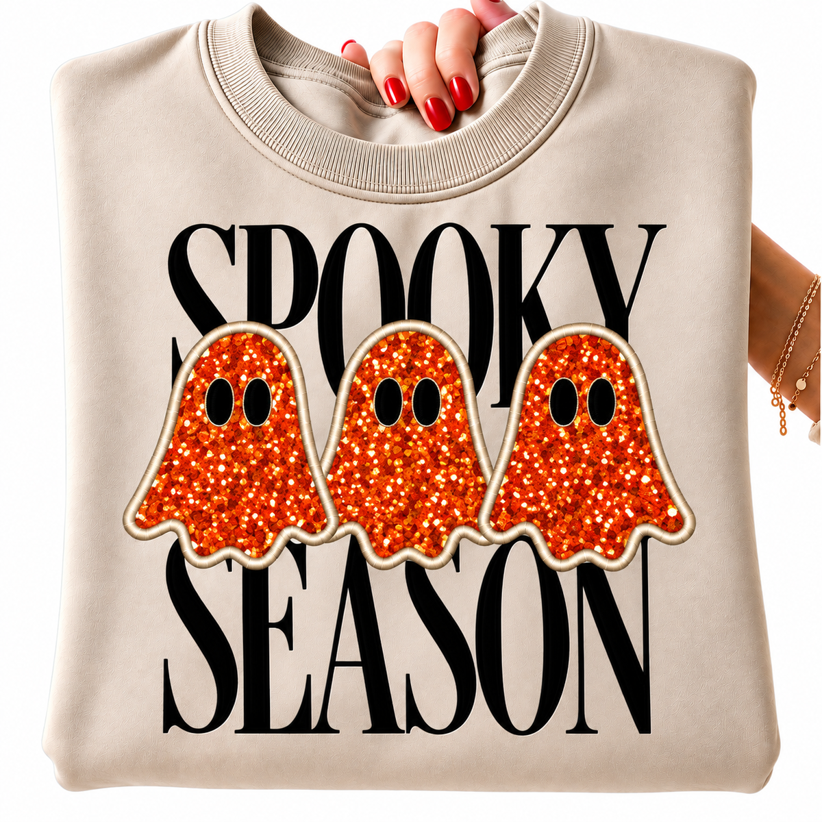 Spooky Season Ghost Appliqué Sweatshirt | Custom Fabric Halloween Crewneck