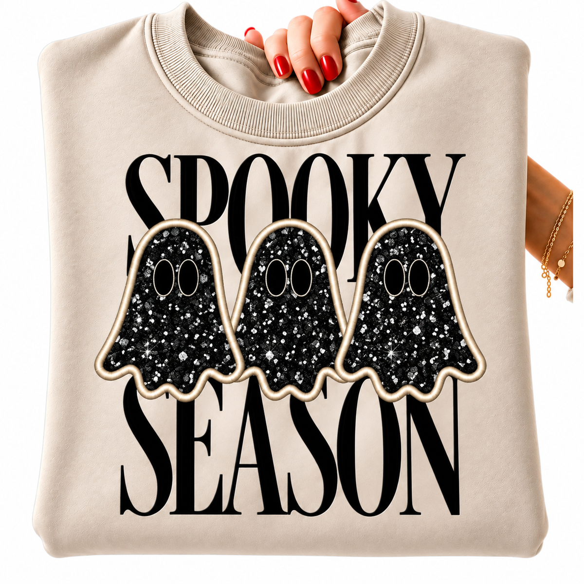Spooky Season Ghost Appliqué Sweatshirt | Custom Fabric Halloween Crewneck