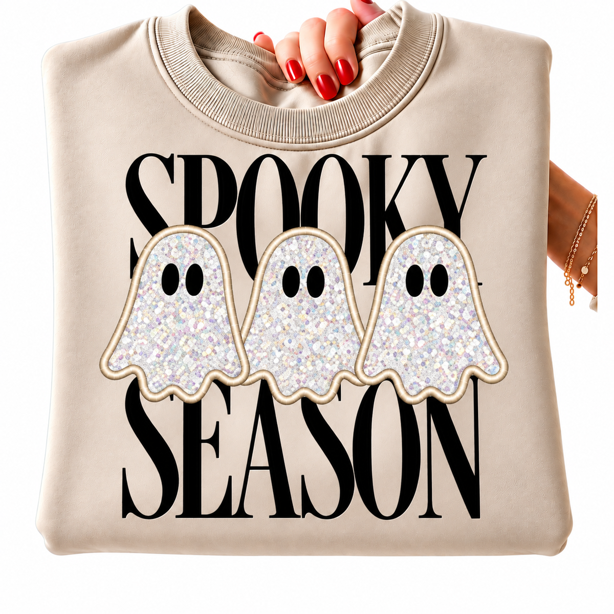 Spooky Season Ghost Appliqué Sweatshirt | Custom Fabric Halloween Crewneck