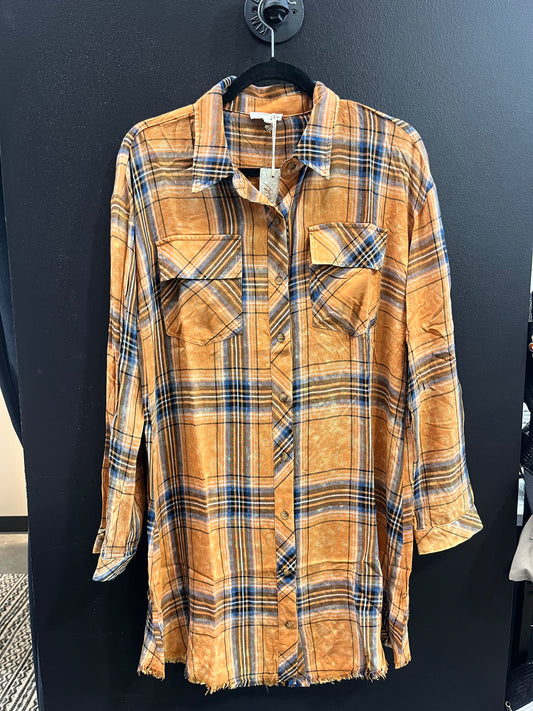 Rolled Up Sleeve Washed Plaid Shirt Dress