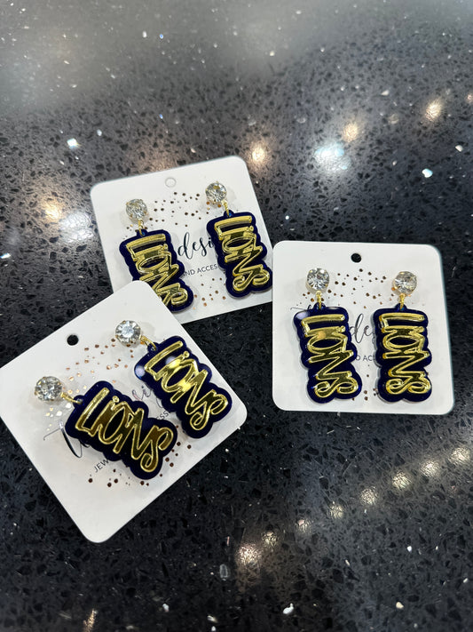 Rhinestone Lions in navy with gold writing