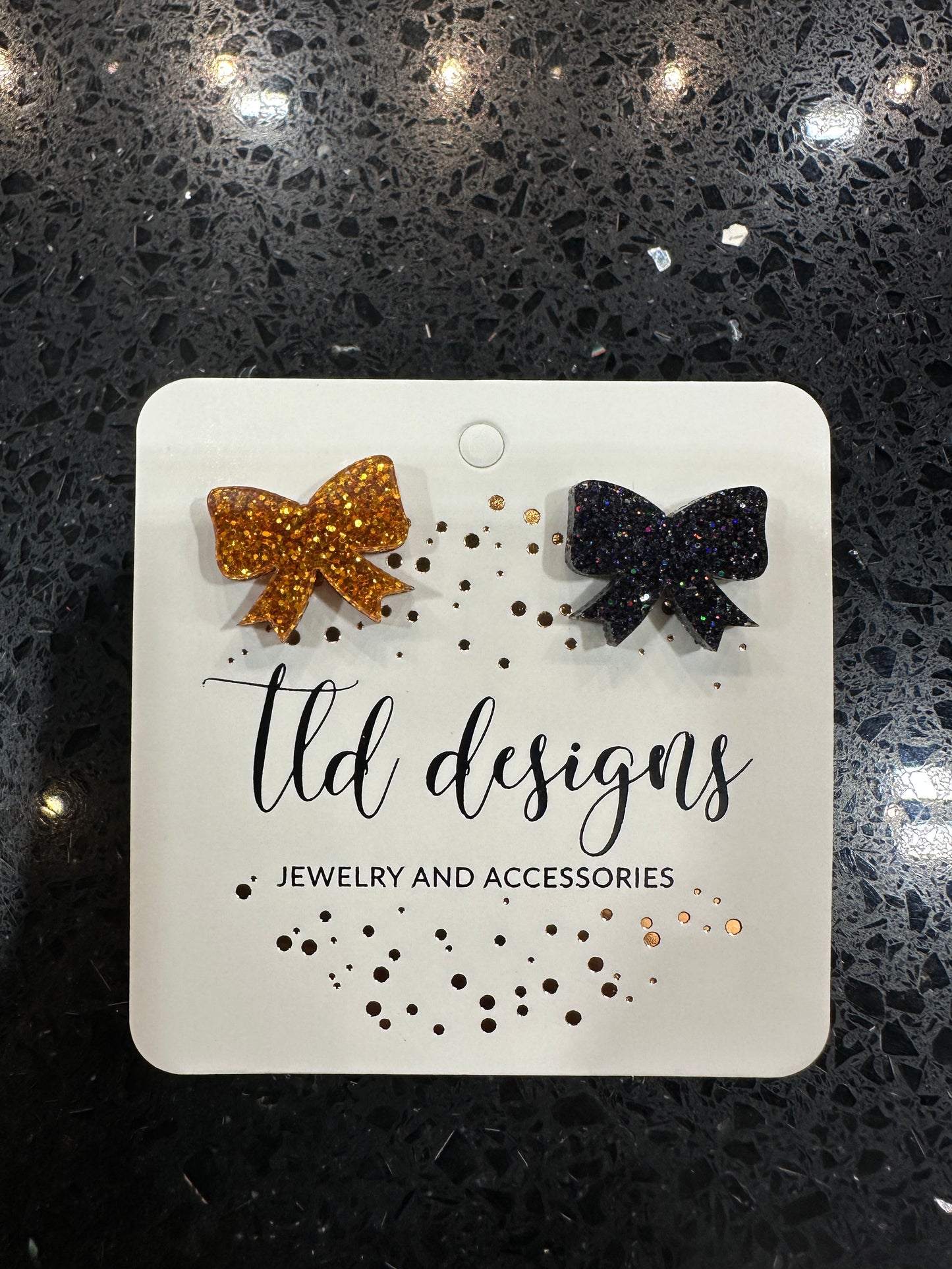 Orange and Black Glitter Bow Stud Earrings
